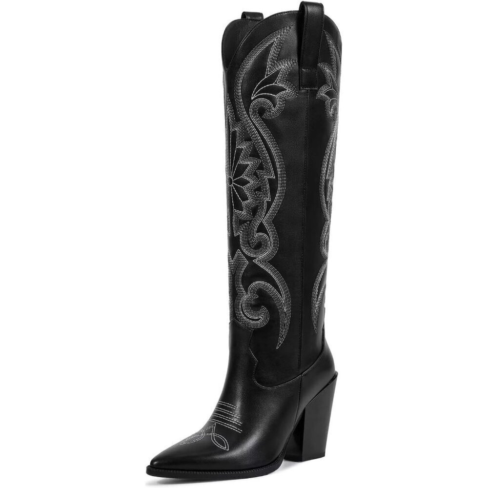 🆕 Women's Black-off Knee High Cowgirl Pointed Toe Chunky Heel Slip On Boots